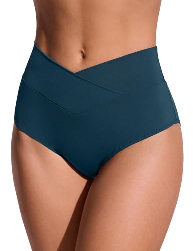 Image of CRZ YOGA V-Shaped High Waited Bikini Bottoms | Mid Cut Leg, Medium Bum Coverage, Cross Front, Swim, Bathing Suit Briefs for Women