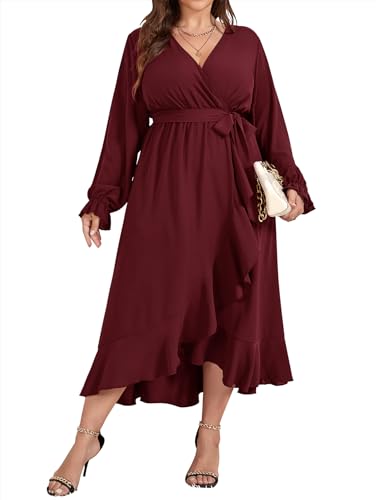 SCOMCHIC Women Plus Size Formal Dresses Fall Long Sleeve Faux Wrap V Neck High Low Ruffle Cocktail Wedding Guest Maxi Dress