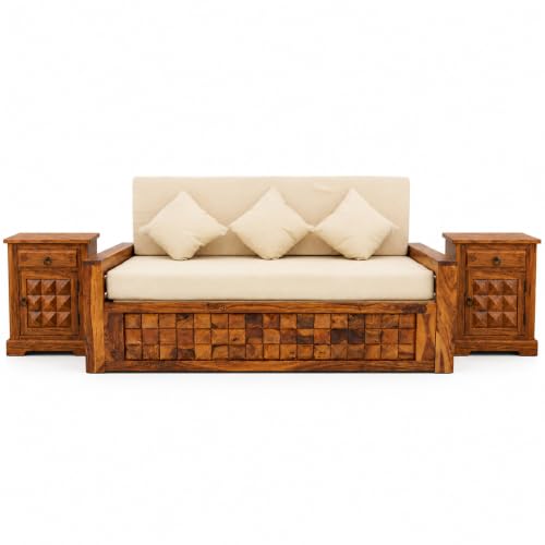 Image of SONA ART & CRAFTS Diamond Sheesham Wood Sofa Cum Bed with Bedside | 3 Seater with Storage and Side Pockets for Living Room Organizer Furniture Sofa Bed Home, Bedroom (Natural Finish)