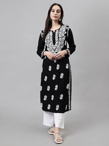 Image of Seva Chikan Hand Embroidered Lucknowi Chikankari Rayon Straight Kurta for Women SCL4532