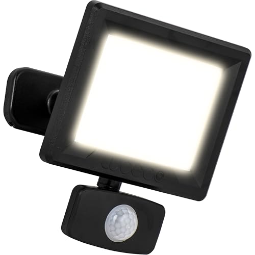 Luceco Outdoor Security LED Floodlight with PIR Motion Sensor for Driveways, Walkways and Gardens, Fit & Tilt Multi-Positioning, Exterior Lighting, Essence, Black, IP65, 20W, 2100lm, 4000K, EFLD20B40P