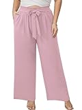 AusLook Women's Plus Size Wide Leg Pants with Pockets Pink 1X Lightweight High Waisted Tie Knot Paperbag Dressy Palazzo Loose Paper Bag Comfy Business Casual Work Flowy Dress Trousers