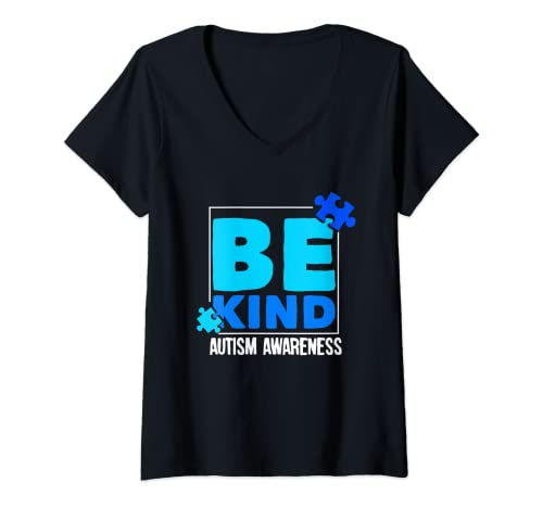 Mujer Be Kind | Cinta azul autista | Concienciación sobre el autismo Camiseta Cuello V