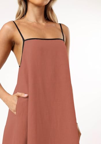 Image of Senllen Women's Linen Dress Summer Loose Flowy Sundress Contrast Spaghetti Strap Sleeveless Backless Beach Maxi Long Dresses