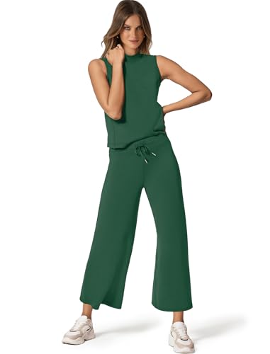 Image of SAMPEEL Two Piece Sets for Women Summer Outfits Lounge Sets Mock Neck Tops Wide Leg Crop Pants Vacation Travel Outfits