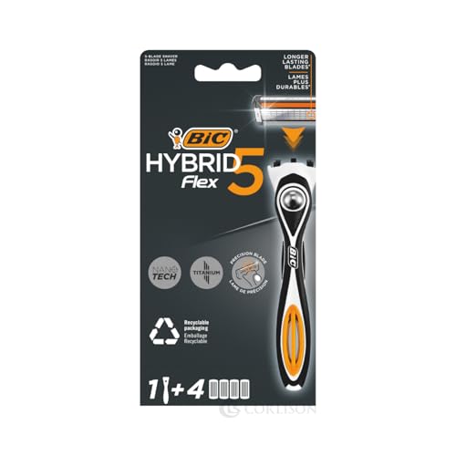 BIC Hybrid 5 Flex, Men's Rechargeable Shaver, Handle and Refills with 5 Nanotech Titanium Coated Blades - Box of 1+4 BIC Hybrid 5 Flex, Men's Rechargeable Shaver, Handle and Refills with 5 Nanotech Titanium Coated Blades - Box of 1+4