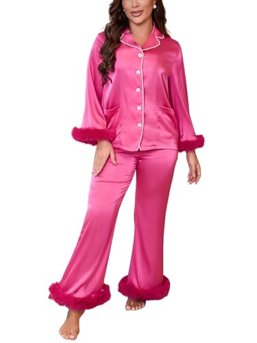 Luxury Satin Elegant Comfortable Soft Pajama Set with Faux Fur Trim Button-Front Top with Pockets