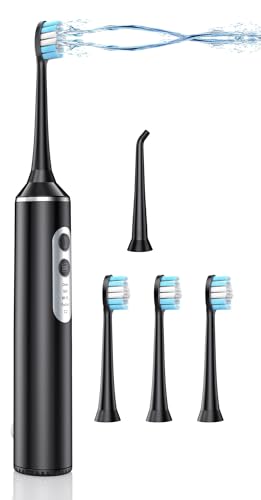 Electric Toothbrush with Water Flosser, Sonic Electric Toothbrush with 4 Brush Heads, Teeth Cleaning Kit with 4 Modes, Water Flosser Portable for Travel and Home (Black)