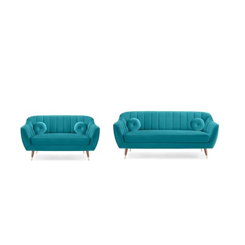 Image of AMATA Marino Solid Wood 3+2 Seater Sky Blue Suede Velvet Fabric Sofa Set with Two Cushions Perfect for Home Office Guests Living Room (04 Sky Blue, 3+2 Seater)(03 Year Warranty)