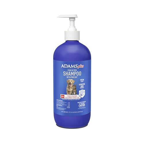ADAMS Plus Flea & Tick Shampoo with Precor IGR for Cats, Kittens, Dogs & Puppies Over 12 Weeks Of Age, Sensitive Skin Flea Treatment, Kills Adult Fleas, Flea Eggs, Ticks, and Lice, 24 Ounces