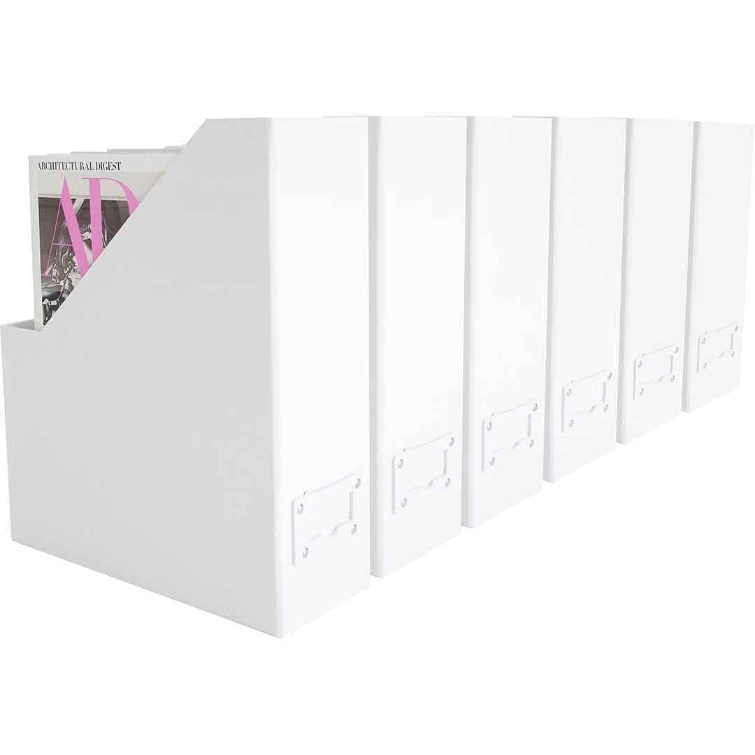 Blu Monaco Foldable White Magazine File Holder with Leather Label Holder - Set of 6 Cardboard Magazine File Boxes Desk File Organizer โ image 1