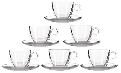 Image of KELVEE New Crystal Clear Classic Glass Tea & Coffee Cup and Saucer Set, for Latte Cappuccino Espresso Mocha and More, (6 Cups and 6 Saucers) - Pack of 12 (Honey)