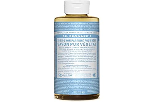 Dr. Bronner’s Savon Liquide Bio Sans Parfum 240 ml | Savon Naturel 18-en-1 Multiusage Corps, Visage et Cheveux | Formule Douce Sans Huile Essentielle | Vegan...