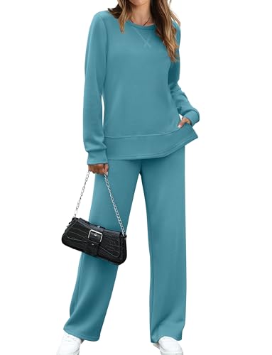 Image of OFEEFAN Women's 2 Piece Lounge Set Travel Airport Outfits Side Slit Tracksuit Wide Leg Loungewear Baggy Comfy Sweatsuit S-3XL