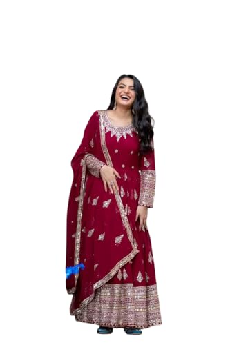 MeeraMe Women's Faux Georgette Embroidered Anakali Kurti Gown with Dupatta and Micro Cotton Bottom (Pink-M)