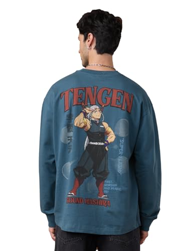 Image of The Souled Store Demon Slayer: Tengen Men and Boys Long Sleeve Round Neck Blue Graphic Printed Drop Shoulder Casual Anime Streetwear Oversized T-Shirt