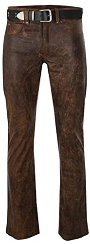 HiFacon Herren Biker-Hose aus echtem Leder, Antik-Look, Braun, Braun – Hose im Used-Look, Groß