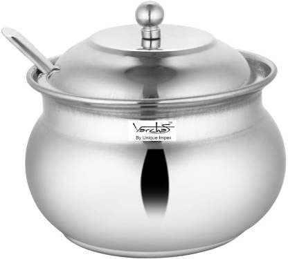 VARCHAS Stainless Steel Gheepot 250ml with Lid and Spoon | Oil Dispenser/Jar/Container | Multipurpose for Temple/Mandir | Dishwasher Safe | Butter | Silver | Small | Pickle | Dispenser