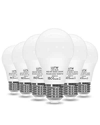 LUTW E27 LED Lampe, 9W LED Birne ersetzt 60 Watt Glühbirne E27, 3000 Kelvin Warmweiß A60 Leuchtmittel 900LM, 220° Abstrahlwinkel Energiesparlampe, Nicht Dimmbar, 6 Stück