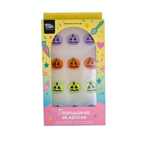 Azucren, Calabazas Halloween para Decorar tus Cupcakes y Galletas de Halloween, Calabazas de Azucar de Tres Colores, Perfectas para Decorar de Forma Rápida y Sencilla Todo tipo de Elaboraciones, 12U