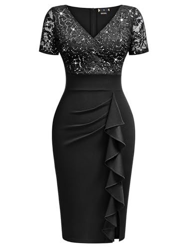 Image of Miusol Women's V Neck Sequin Lace Ruffle Cocktail Party Dress | Deep v-neck, glitter sequin Lace, ruffle design, bodycon dress for cocktail, wedding, evening and semi-formal event