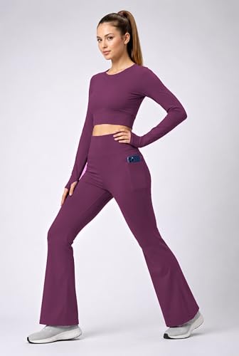 Image of PINAAK FASHION Women's Yoga Co-Ord Set | Full Sleeve Crop Top & Flared High Waist Yoga Pants with Pocket | Thumb Hole Sleeves | Bell Bottom Gym Wear Activewear Tracksuit for Workout, Running & Lounge