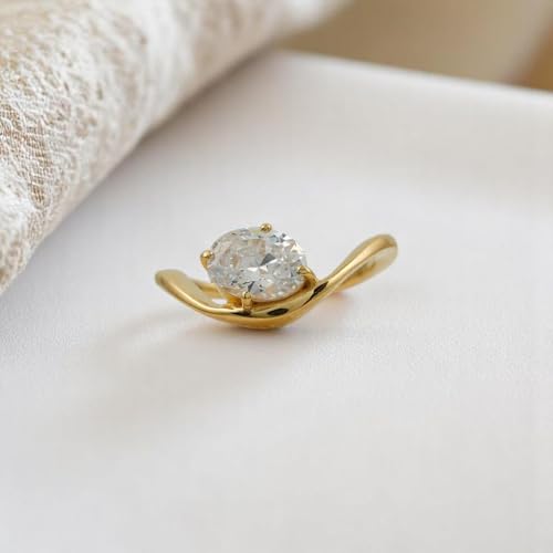 Modern Oval Moissanite Engagement Ring for Women – 14K Yellow Gold Plated Bypass Design – Unique Solitaire Statement Ring for Proposal or Anniversary2