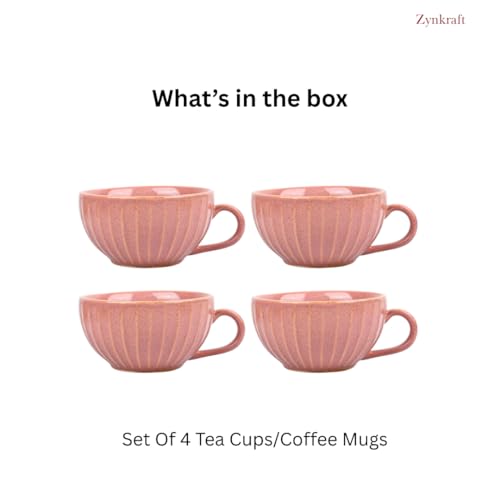 Image of Premium Pink Ceramic Tea Cup Set of 4 | Handmade Stoneware Coffee & Tea Mugs | 220 ml Each | Microwave, Dishwasher Safe | Textured Design | Chai Cups for Home, Office & Gifting