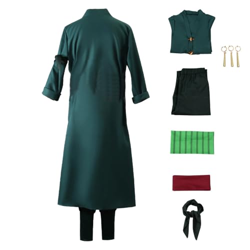 GWOKDAN Men Anime Kimono Cosplay Costume Robe Cloak Uniform Halloween Outfits With Earrings(S Dark green)