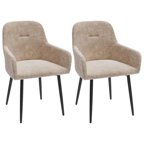 Chleby Juego de 2 Sillas Comedor de Terciopelo Elegante Sillón con patrón de Diamante y Respaldo Silla de Cocina, Gran Silla de salón, Silla con reposabrazos y Patas de Metal Beige
