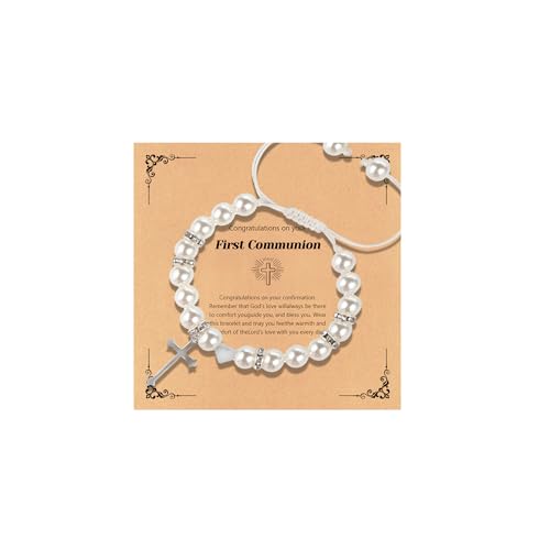 Image of First Communion Gifts Baptism Gifts Cross Pearl Bracelet Cross Necklace Baptism Gifts for Girls /Boys /Teens (White), 5