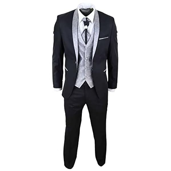 Traje de 4 Piezas para Hombre de Cuello Chal Color Negro-Plateado Ideal para Bodas
