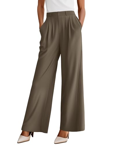 Neer Women's Wide Leg Dress Pants, High Waisted Elastic in The Back Work Trousers with Pockets Business Casual Office Slacks(Ash Brown,L)