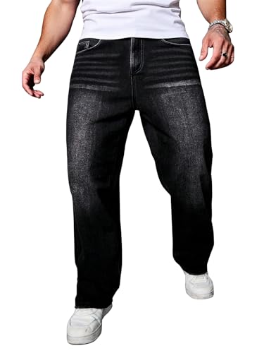 Image of AVANOVA Men's Baggy Fit Jeans- Solid Washed Denim Straight Wide-Leg | Streetwear Casual Dailywear Pants for Men | Trendy Loose-Fit Mid-Waist Denim Trousers (Jeans 247)