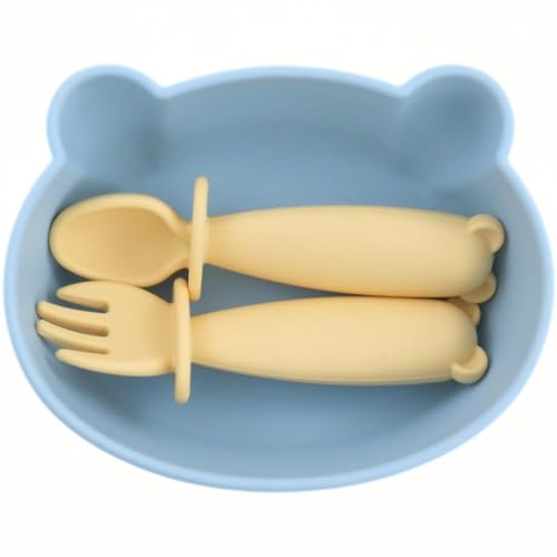 Image of teensy peepsy Bear Silicone Baby Bowl Suction with Spoon and Fork for Babies 6 months+ Suction Bowls for Baby Utensils 6-12M+ BLW Baby Essentials Must Haves (Summer Sky)