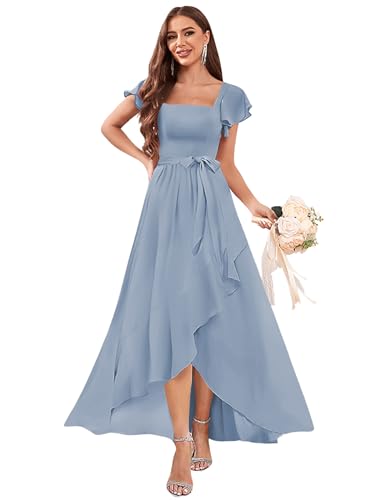 OFEECHUN Women's Square Neck Chiffon Bridesmaid Dresses with Sleeves Ruffle High Low Evening Formal Dress4