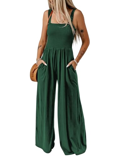 Dokotoo Womens Overalls Green Jumpsuits for Women Casual Loose Fit Solid Color Wide Leg One Piece Sleeveless Jumpsuit Long Pant Rompers with Pockets Medium