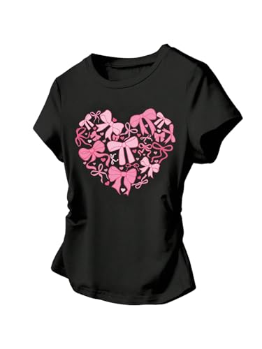 SweatyRocks Girl's Bow Heart Graphic Tees Short Sleeve Crew Neck Ruched Y2K Cute T Shirts