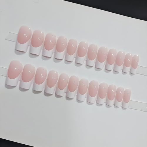 Image of Gloss & Go 24 Reusable Artificial Fake Nail Set| Frech Style Peach And White Short Square Glossy Press On Nails| Lightweight & Long Lasting| Easy To Use| Quick Fix For Festivals & Special Occasions