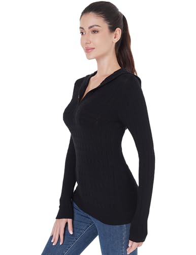 AmélieBoutik Women Hooded Ribbed V Neck Long Sleeve Sweater Cable Knit Top4