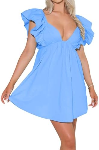 hibshaby Womens Sexy Deep V Neck Ruffle Sleeve Mini Dress Backles...