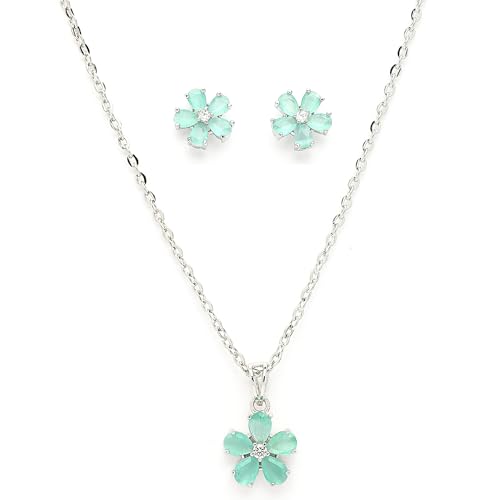 Image of ZENEME Rhodium Plated Silver Toned American Diamond Studded Floral Shaped Pendant Chain With Earrings Jewellery Set For Women And Girls