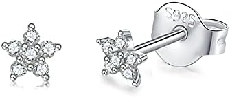 CERSLIMO Silver Stud Earrings for Women Girls, Tiny Flower Earrings Set | Small Cubic Zirconia Helix Earrings Dainty Tragus Cartilage Trio Studs Cherry Blossom Ear Piercing Jewelry Gifts