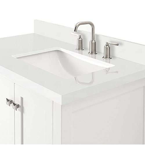 Ariel 37" Inch White Bathroom Vanity W/ 1.5" Edge Pure White Quartz Countertop & Backsplash | Right Rectangular Sink | 2 Soft Closing Doors & 5 Full Extension Dovetail Drawers | Satin Nickel Pulls #TOP6