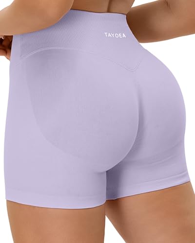 TAYOEA Damen Sport Shorts Unsichtbarer Scrunch Kurze V-förmiger Crossover Gerippter Bund Short Seamless Kurze Butt Lifting Gym Short Hellviolett S