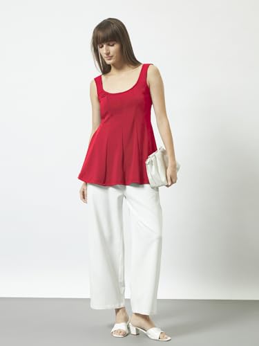 Image of Trend Arrest.ed Women's Polyester Sculpt Flare Top | Stretchable Sleeveless Fit & Flare Blouse with Scoop Back