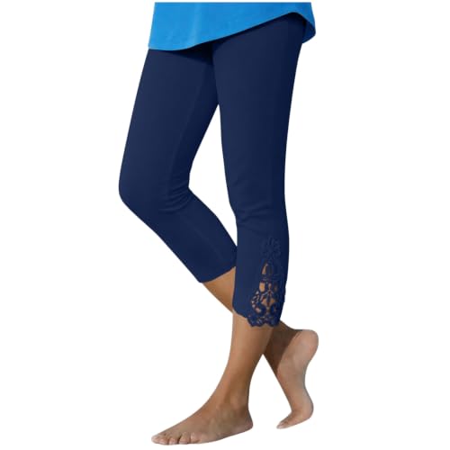 Women’s Lace Side Capri Leggings – Stretchy, Comfortable & Fashionable – for Yoga, Casual, Work & Travel Navy