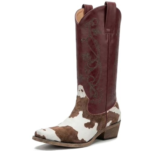 Find the Best Cowhide Boots for Nfr - Top Picks! 15 Souactimuy Women's Cowhide Leather Western Cowboy Boots with Brown and White Cow Print, Block Heel, Knee-High Size 12