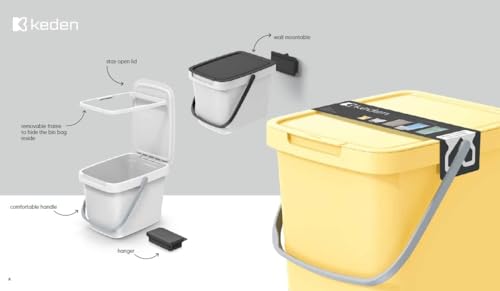 Mülleimer Müllbehälter Abfalleimer Biomülleimer mit Griff und Klappdeckel Abfallsammler Mülltonne Müllsortierer Papierkorb (12L, Aschgrau) – Bild 3