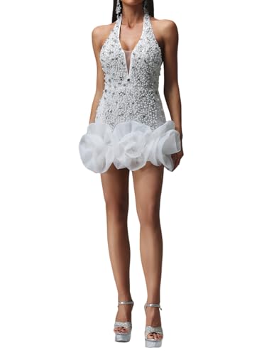 BELLA BARNETT Exquisite White Halter Neck Deep V Diamond Flowers Date Night Dress for Cocktail